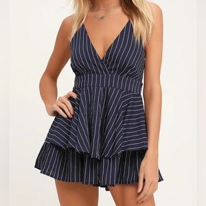 Navy Blue Striped Backless Ruffle Romper XS